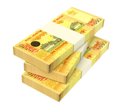 Bhutanese ngultrum bills isolated on white background. 3D illustration.