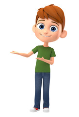 Happy guy pointing with both hands on a blank space on a white background. 3d render illustration.