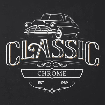 Old classic car typography poster on grunge dark background. T-shirt print design.