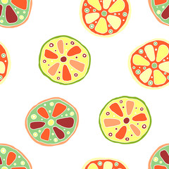 Seamless vector hand drawn childish pattern, border, with fruits. Cute childlike lime, lemon, orange, grapefruit with leaves, seeds, drops. Doodle, sketch, cartoon style background.
