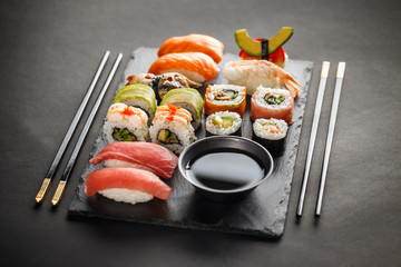 Sashimi, maki and nigiri sushi