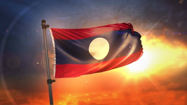 Laos Flag Backlit At Beautiful Sunrise Loop Slow Motion 4K