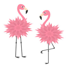 Two pink flamingo set. Flower body. Exotic tropical bird. Zoo animal collection. Cute cartoon character. Decoration element. Flat design. White background. Isolated.