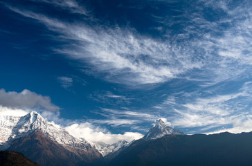 Panorama of mount Annapurna and mount Machapuchare (Fishtail) in Nepal Himalaya