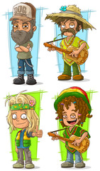 Cartoon funny redneck farmer with guitar character vector set - obrazy, fototapety, plakaty