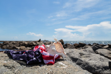 Fototapeta na wymiar US Flag and seashell on the rock at tropical beach background.