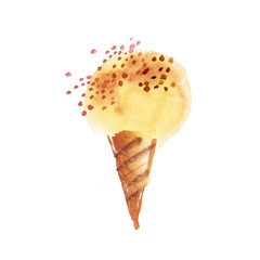 Summer ice dessert watercolor drawing in vanilla pale yellow color. Ice-cream ball in corn hand drawn background. Raster illustration.