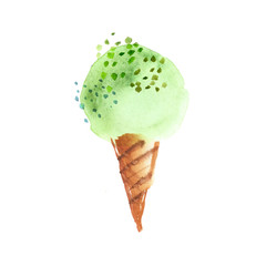 Summer ice dessert watercolor drawing in pistachio green color. Ice-cream ball hand drawn background. Raster illustration.
