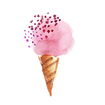 Summer ice dessert watercolor drawing in rosy color. Ice-cream ball hand drawn background. Raster illustration.