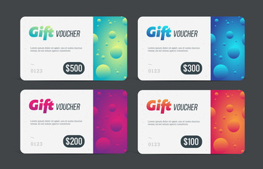 Gift voucher set. Modern template with futuristic pattern. Trendy discount plastic card. Vector mockup.