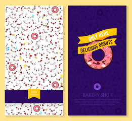 Kawaii two sided brochure, flyer for bakery shop. funny tickets design with emotion pattern and sweet donut. Vector illustration.
