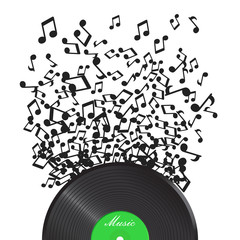 Vinyl disk with flying sound note. Music disk vector illustration. Sound record.