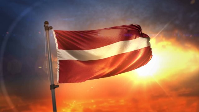 Latvia Flag Backlit At Beautiful Sunrise Loop Slow Motion 4K