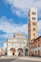 Fototapeta na wymiar Facade and bell tower of Lucca Cathedral, Italy
