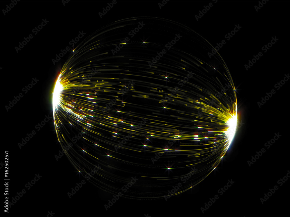 Poster gold sphere of luminous line lights with abstract glare effect on black background.