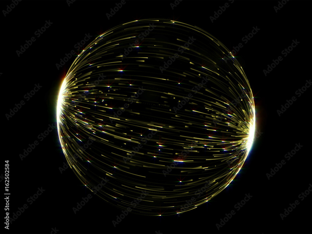 Poster abstract gold globe sphere of luminous line lights with glare effect on black background.