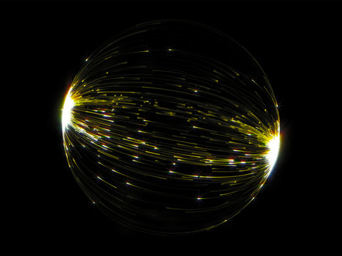 Gold sphere of luminous line lights with abstract glare effect on black background.