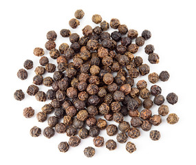 Peppercorn isolated on white background. Dry black pepper seeds. Top view.