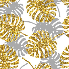 Tropical seamless pattern with monstera leaves and golden glitter texture. Vector illustration