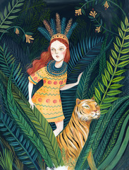 Woman and tiger in jungle