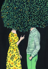 Woman and man talking under a tree