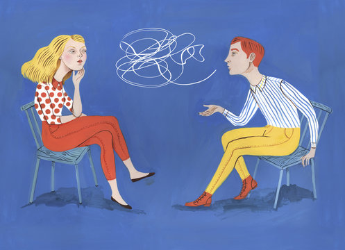 Woman and man sitting on chairs talking