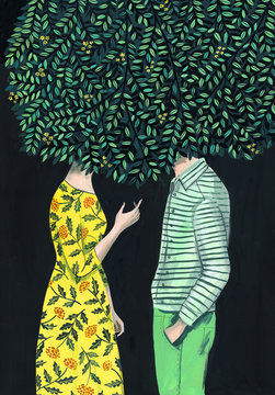 Woman and man talking under a tree
