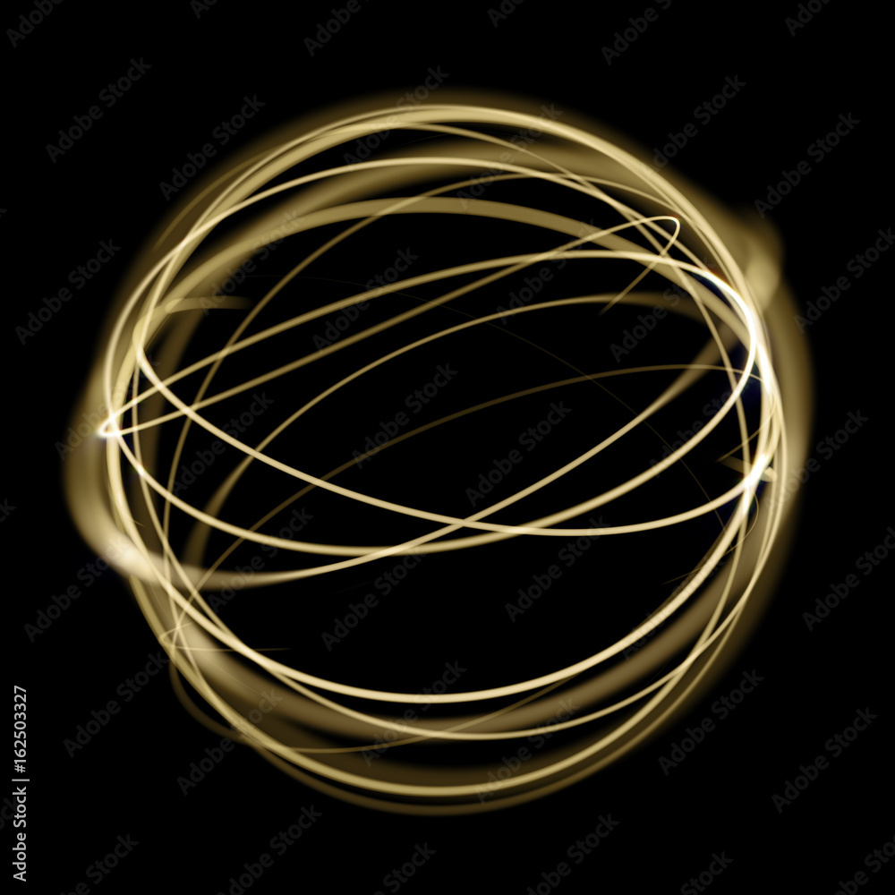 Aufkleber gold light circle strings speed motion in sphere on black background.