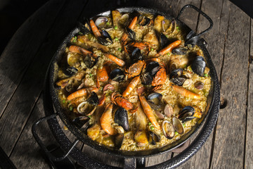 Homemade seafood and chorizo paella