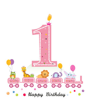 Happy First Birthday Greeting Card. Birthday Train With Animals