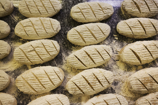 Close up of bread dough proving and shaped into loaves, dusted with flour.