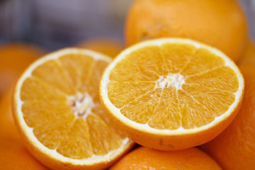 Oranges on the market, Colorful photo of oranges with defocused background, Selective focus with shallow depth of field