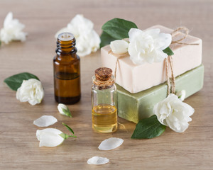 Jasmine essential oil and jasmine blossom, hanmade soap