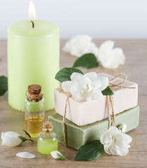 Obraz na płótnie Canvas Spa concept. Handmade soap, candle, essential oil