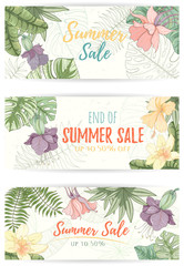 Hand drawn tropical palm leaves banner