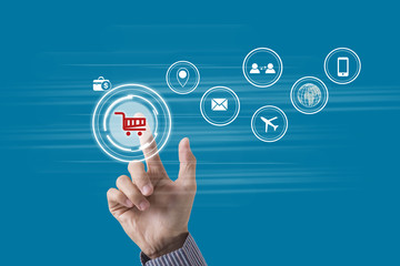 business hand point cart shopping online payment e-commerce internet technology market concept.