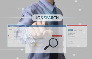 business hand point Job Search web homepage on screen. concept interview, hiring, recruitment.