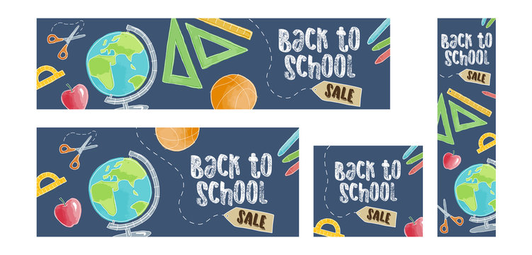 Back to school sale set of four web banners. Four different sizes, doodle cartoon style