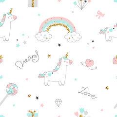 Magic design seamless pattern with unicorn, rainbow, hearts, clouds and others elements. With golden glitter texture. Vector illustration - 162506576