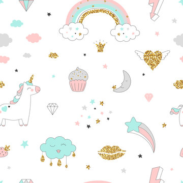 Magic design seamless pattern with unicorn, rainbow, hearts, clouds and others elements. With golden glitter texture. Vector illustration