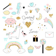 Magic design set with unicorn, rainbow, hearts, clouds and others elements. With golden glitter texture. Vector illustration - 162506733