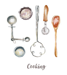 Cooking tools set illustration. Hand drawn watercolor on white background.