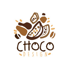 Choco label design, hand drawn vector Illustration in brown colors