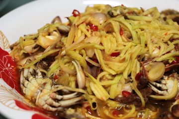 Crab salad with pickled asian food spicy and sours on plate Thai food