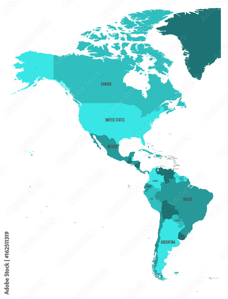 Wall mural Political map of Americas in four shades of turquoise blue on white background. North and South America with country labels. Simple flat vector illustration. - Wall murals