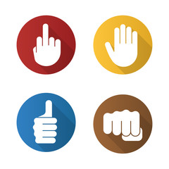Hand gestures flat design long shadow glyph icons set