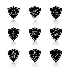 Protection shields drop shadow black glyph icons set