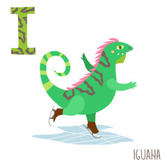 Vector cute kids animal alphabet. Letter I for the Iguana