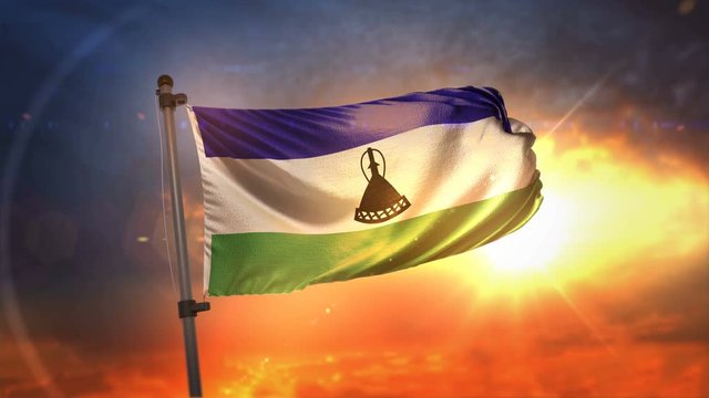Lesotho Flag Backlit At Beautiful Sunrise Loop Slow Motion 4K