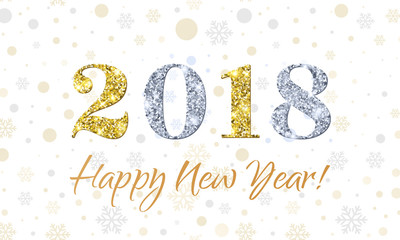 2018 Happy New Year on Snowflakes vector background. Gold and silver glitter texture
